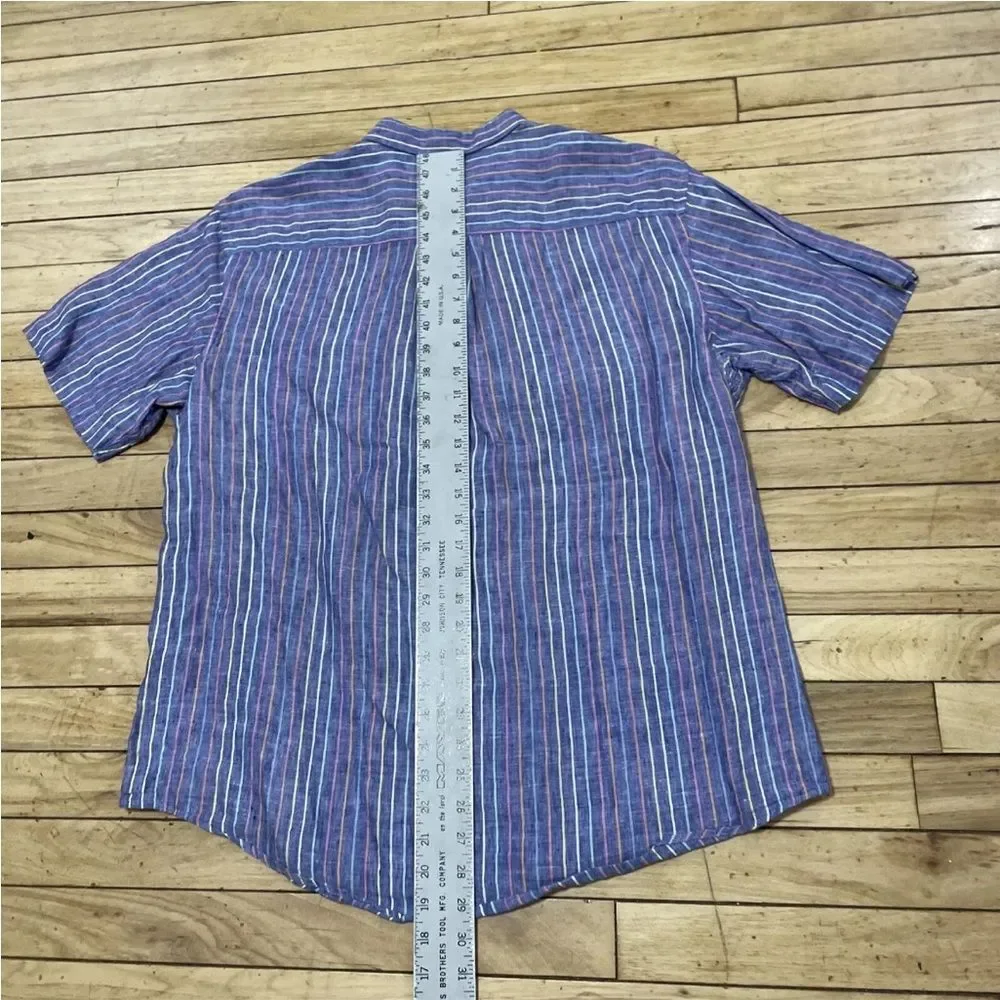 LANDS' END Linen Button Shirt Men L Traditional Fit Blue Vertical Stripe Rainbow